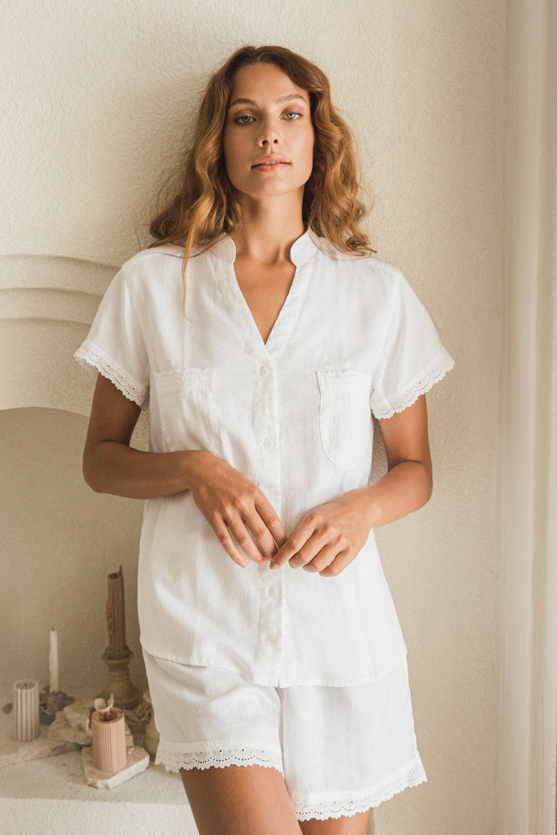 Maggie Pajama Set - Bridal - Lyocell Linen - Coconut + Daisy Trim