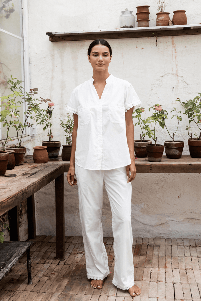 Maggie Pyjama Set - Long Pants - Off White Cotton Modal + Daisy Trim