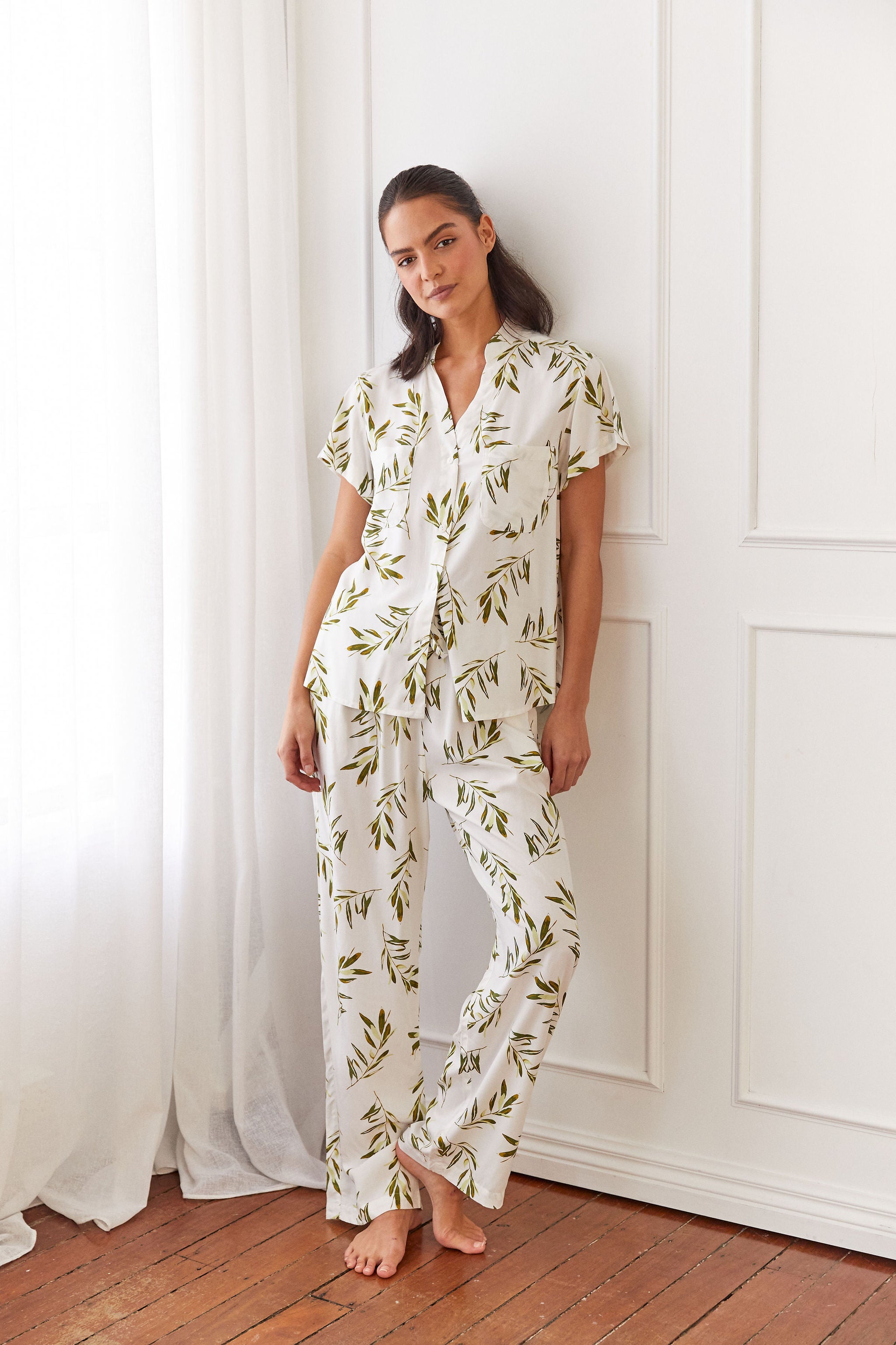 Maggie Pajama Set Long Pants Olive Leaf Piyama USD